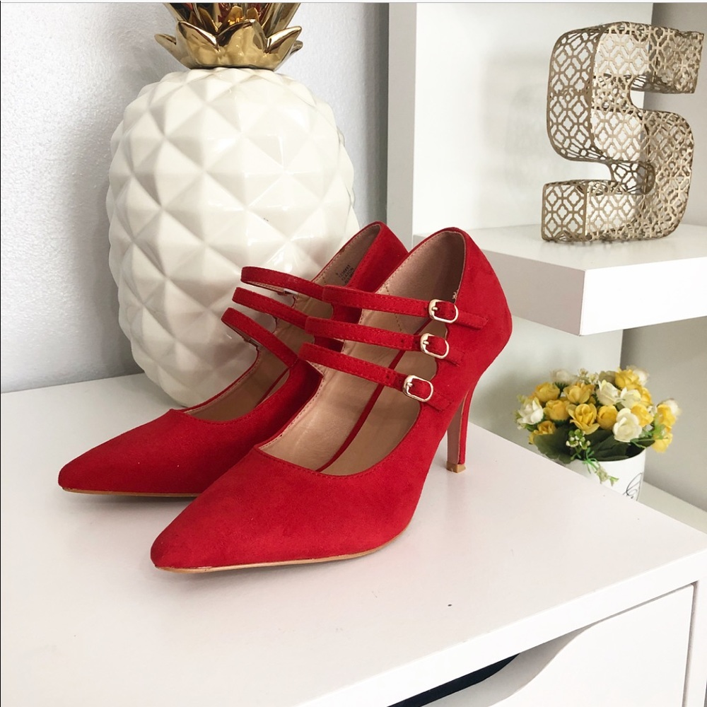 RED BAKERS STRAP HIGH HEELS PUMPS